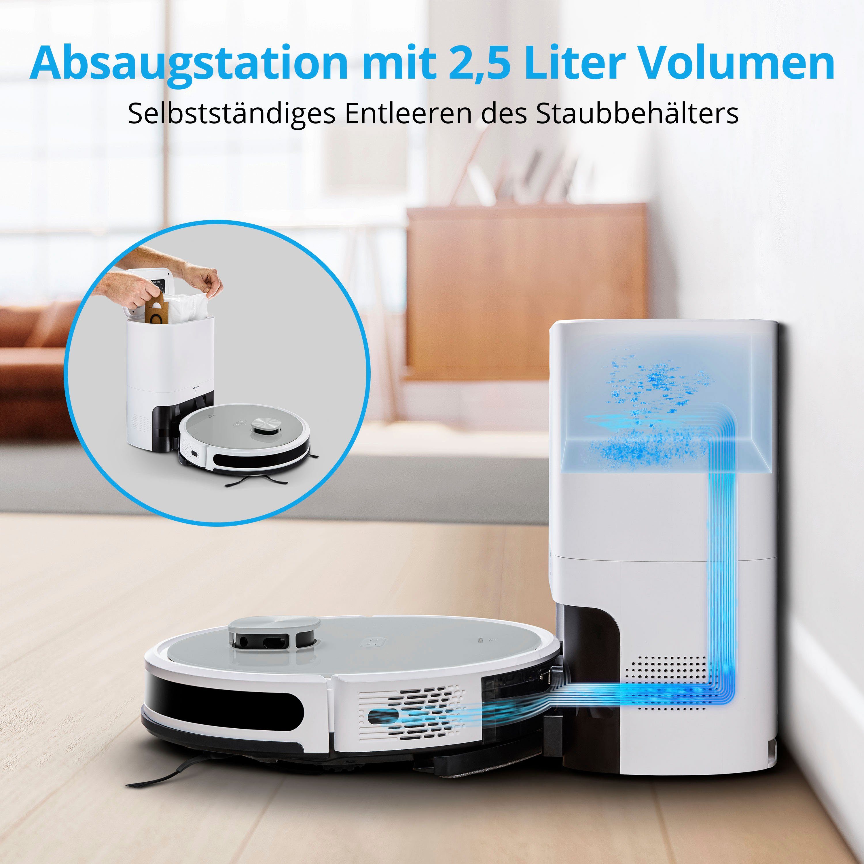 Medion® Nass-Trocken-Saugroboter Saug- und Wischroboter mit Absaugstation (X21 SW), App Steuerung und automatische Entleerung