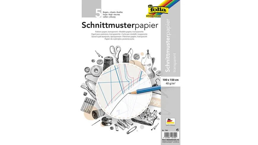 folia Schnittmuster-Papier 100 x 150cm 5 Bogen weiss 7.5 m²