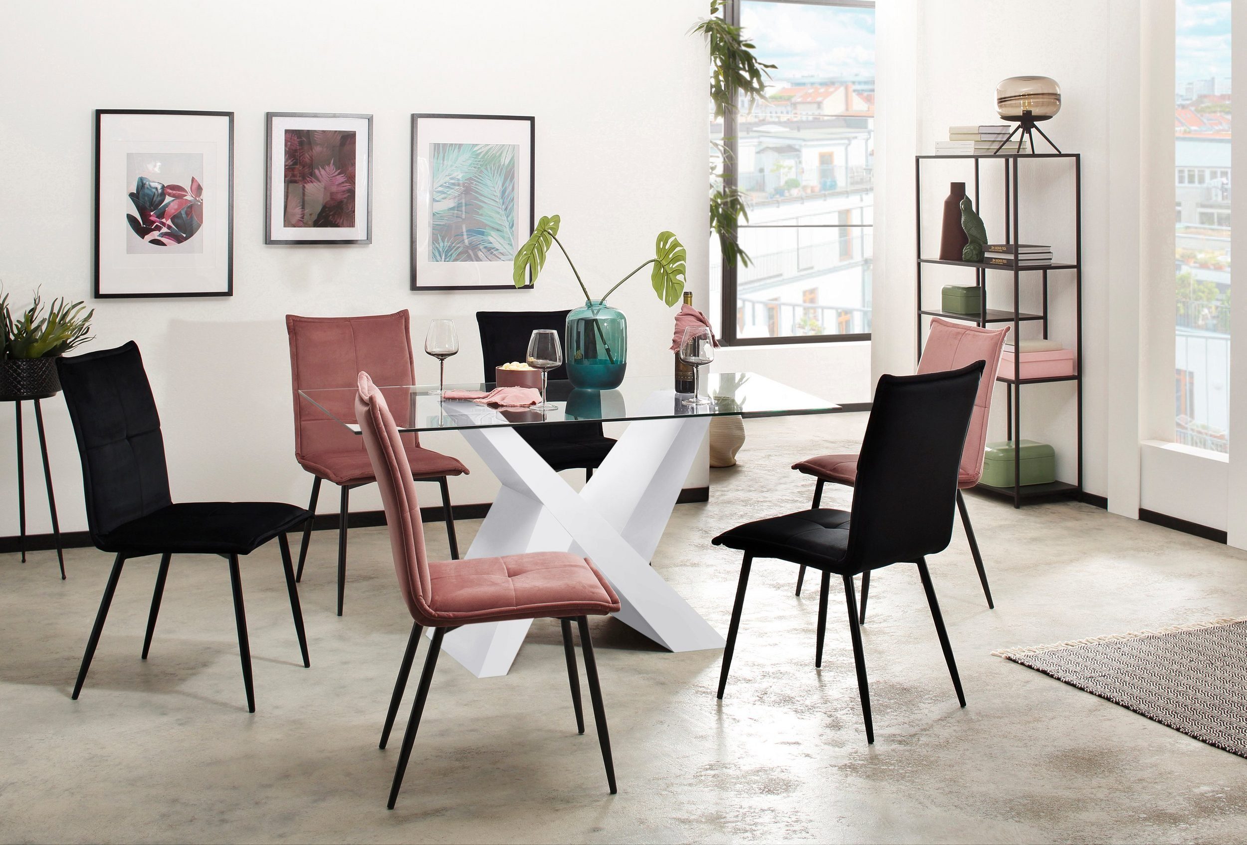 loft24 Esstisch Berta, Tischplatte aus Glas, Hochglanz Optik, Breite 160 cm