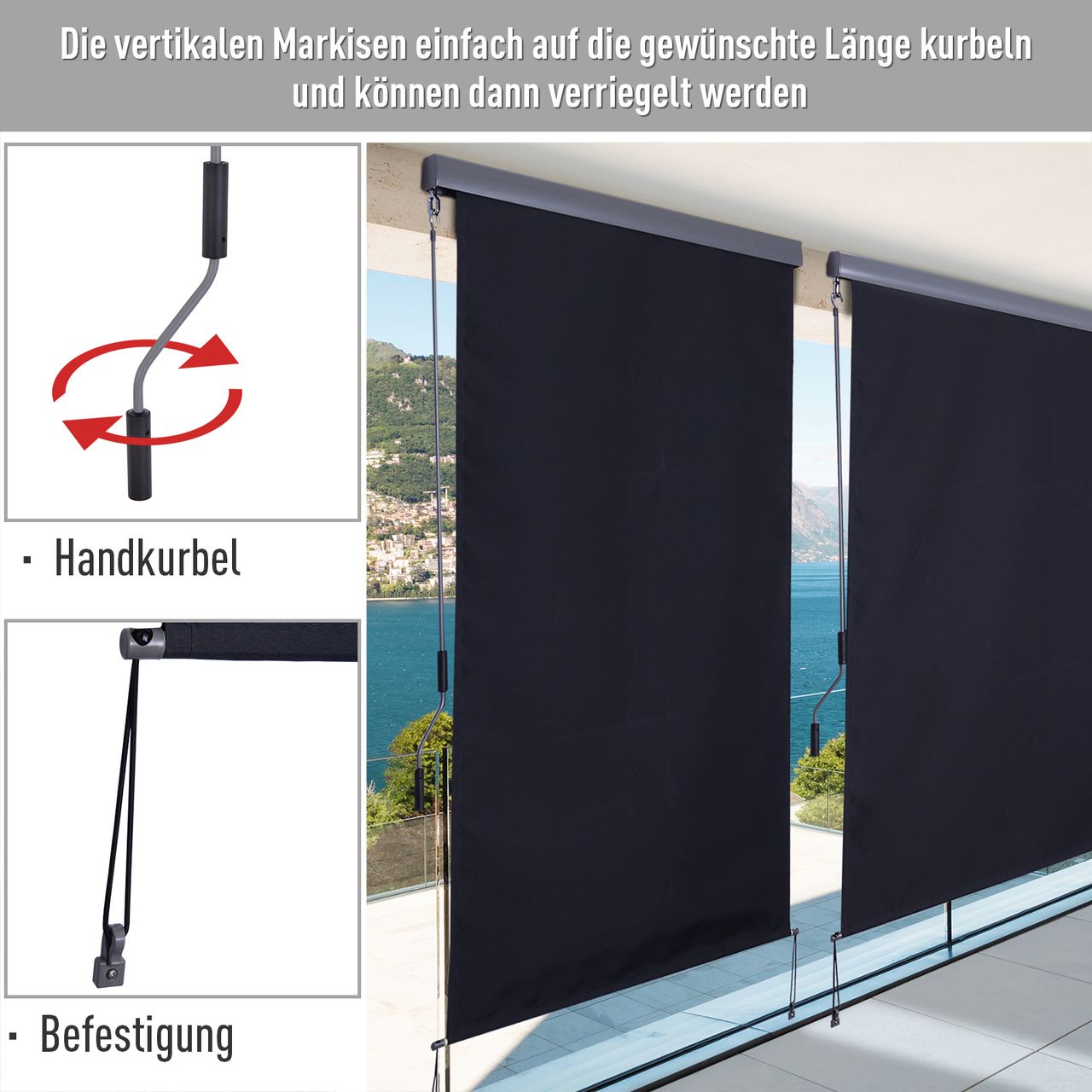 Outsunny Senkrechtmarkise Balkonmarkise Vertikalmarkise Windschutz mit Handkurbel Dunkelgrau 140 x 200 cm