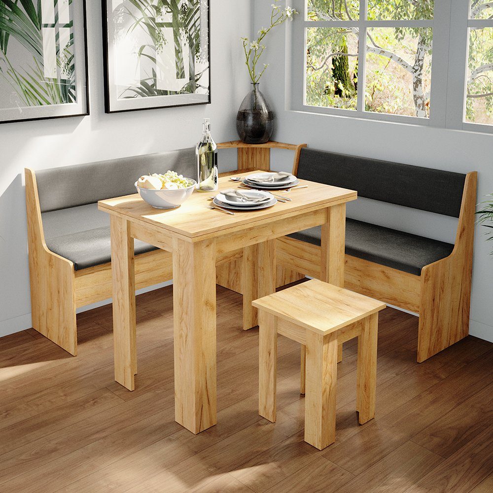Vicco Sitzgruppe Eckbankgruppe Esszimmergruppe ROMAN Sandeiche Goldkraft Set 4, (Set, 5-tlg., 5-er Set), bequeme Polsterung