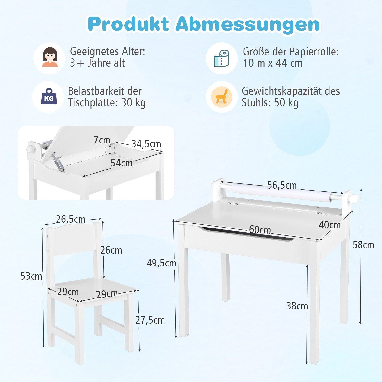 COSTWAY Kinderschreibtisch, mit Papierrollenhalter & Stuhl