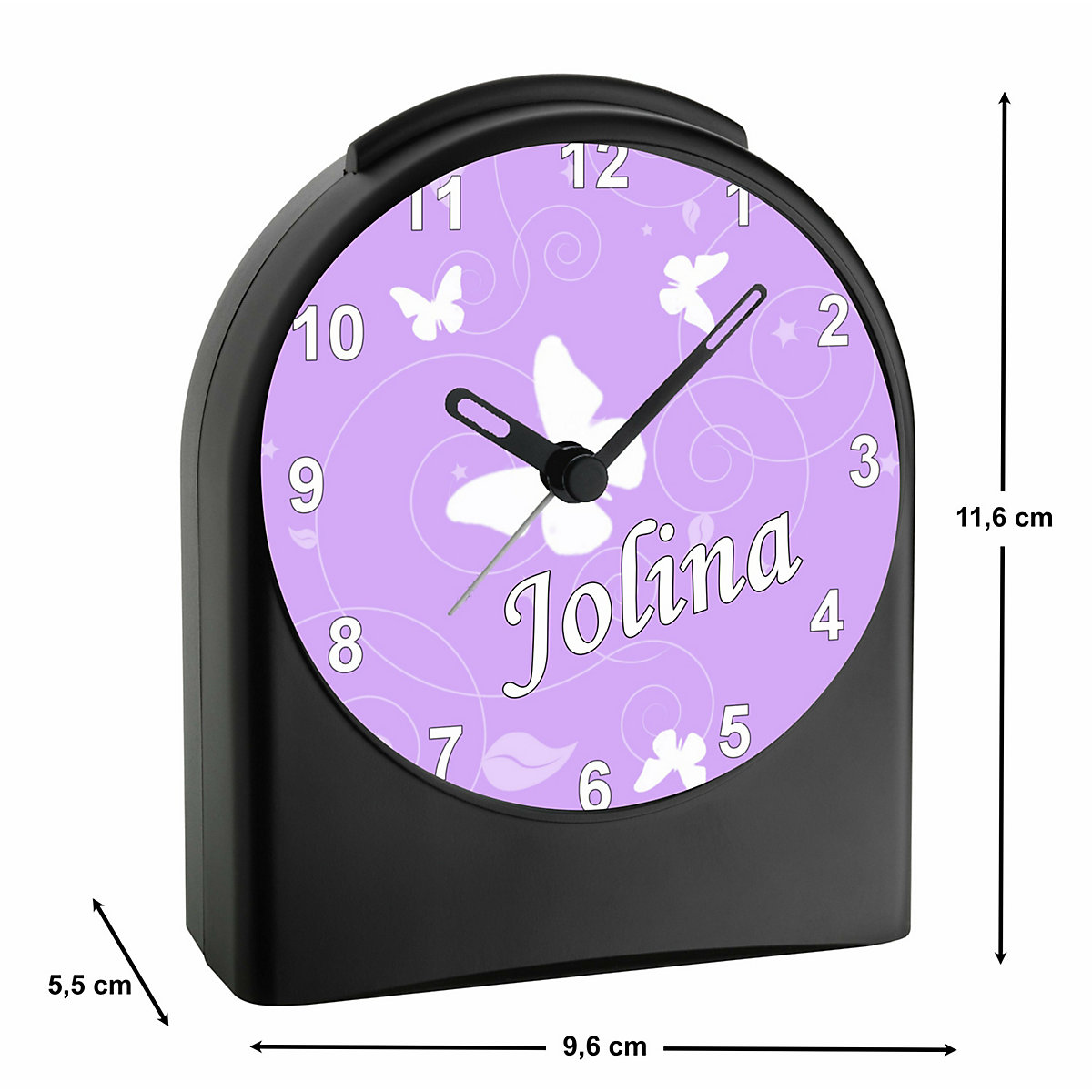 Kinder Funkwecker personalisiert mit Namen Schmetterling Ornamente Atom-/Funkuhr, 12-Stunden-Anzeigeformat, Schlummerfunktion, Nachtlicht, Geräuschlos/Ohne Ticken
