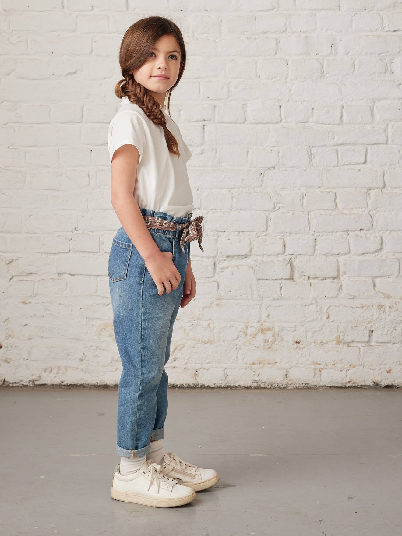 Jean style paperbag et sa ceinture fleurie fille denim black