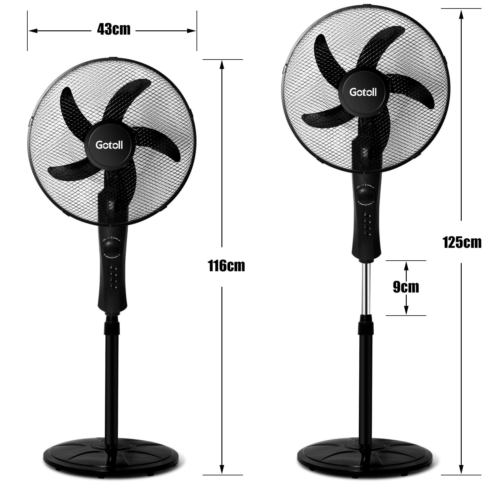 Gotoll Standventilator GLSF609, 41,00 cm Durchmesser, H 130cm Oszillierender Ventilator Leise Standlüfter
