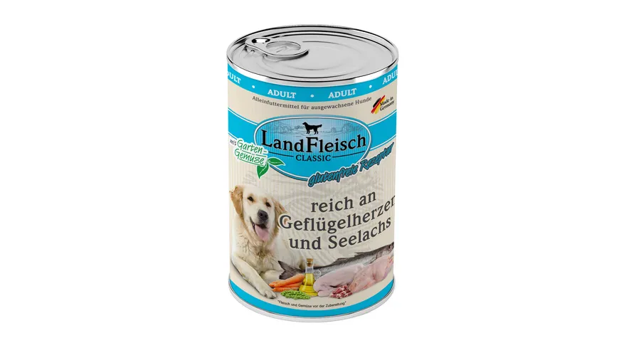 LandFleisch Classic Hundenassfutter Reich an Geflügelherzen und Seelachs mit Gartengemüse 400 g