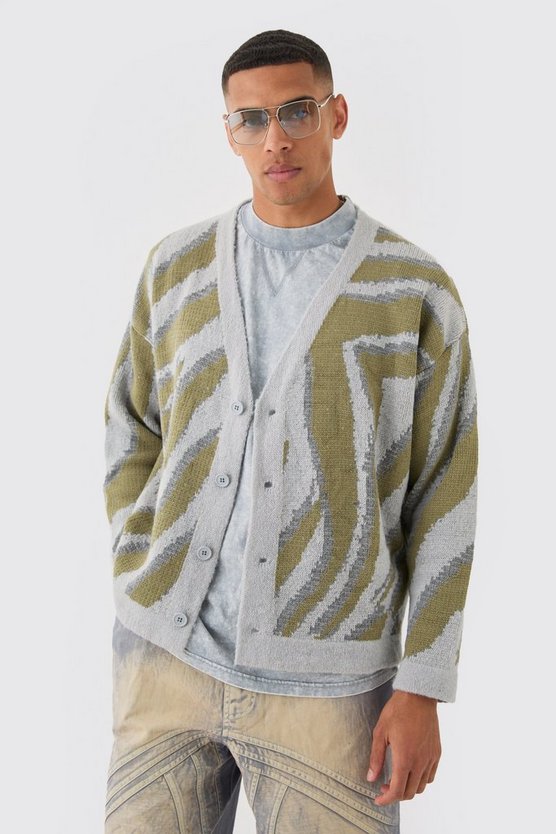 Kastiger Oversize Jacquard-Cardigan mit abstraktem Print
