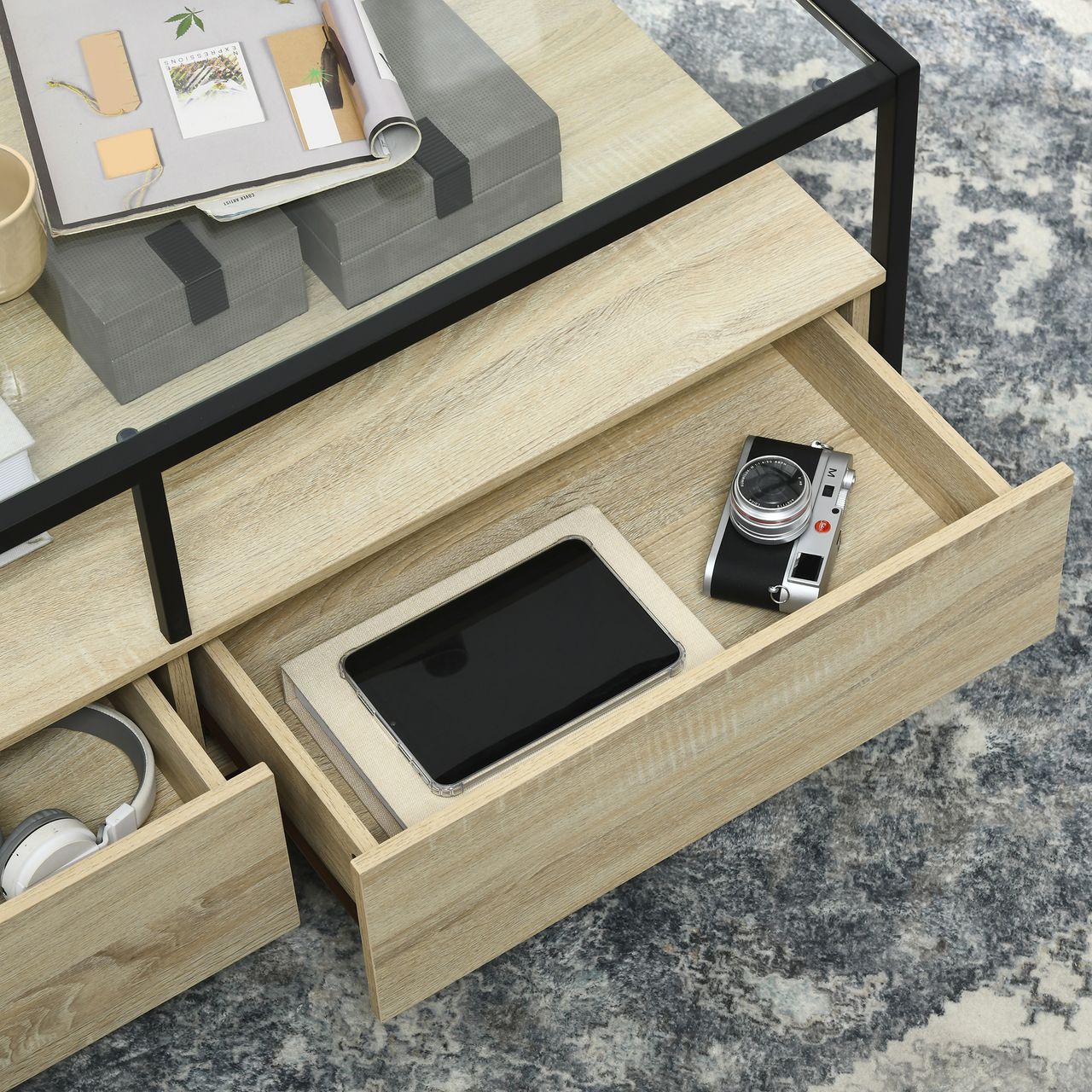 HOMCOM Couchtisch, Beistelltisch mit Schublade, Kaffeetisch mit Stauraum Eiche