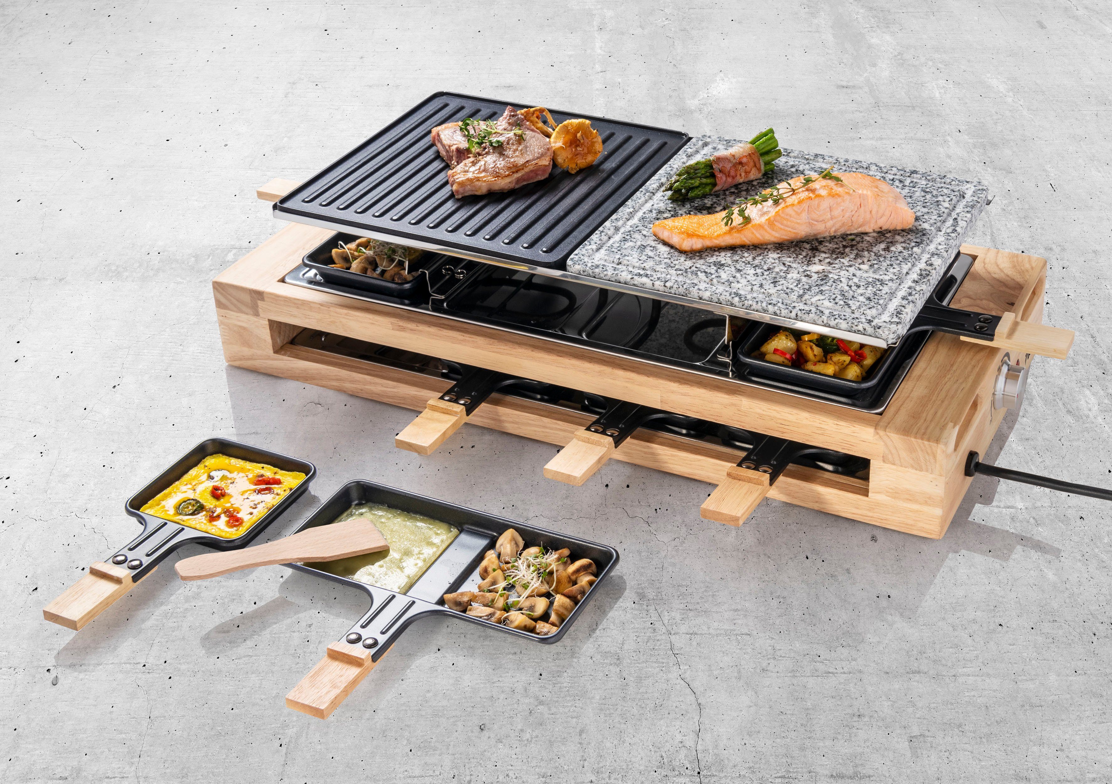 bestron Raclette ARG300BW XL Bambus, 8 Raclettepfännchen, 1500 W, Naturstein- & antihaftbeschichtete Grillplatte, inkl. Pfännchen-Set