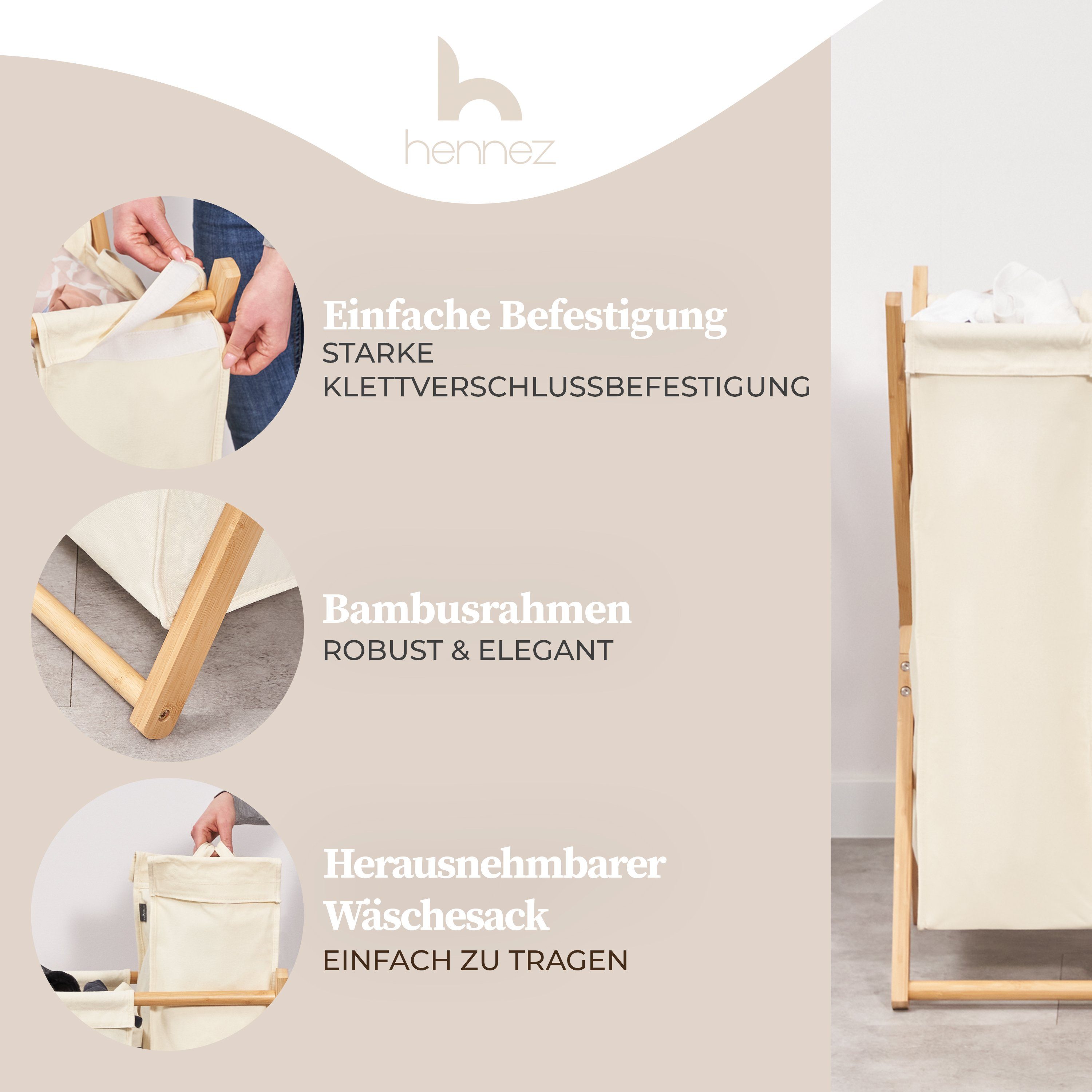 HENNEZ Wäschesortierer 3 Fächer - 150L Wäschesammler Bambus, Herausnehmbare Wäschesäcke - Premium Bambusrahmen