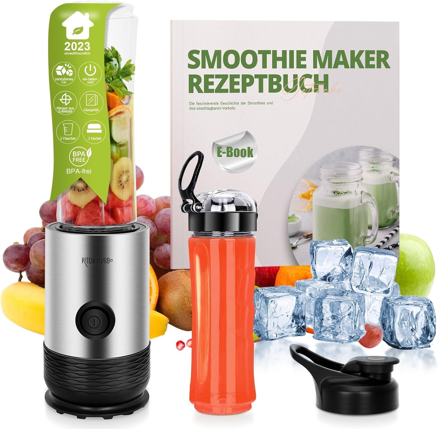Kitchen Pro + Smoothie-Maker mit 2 To Go Flasche 260W Mixer Blender, 260,00 W, 304-Edelstahl, Leicht zu reinigen, 2 Tritan-Trinkflaschen