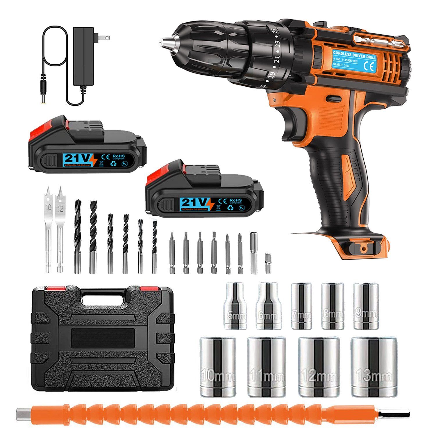 Yaviel Akku-Schraubendreher Akkuschrauber Set Bohrmaschinen Akku Schlagbohrschrauber Bohrschrauber, Universal Drill 21 V Batterien, 450 U/min, 45 Nm, Drehmoment, 2-Gang
