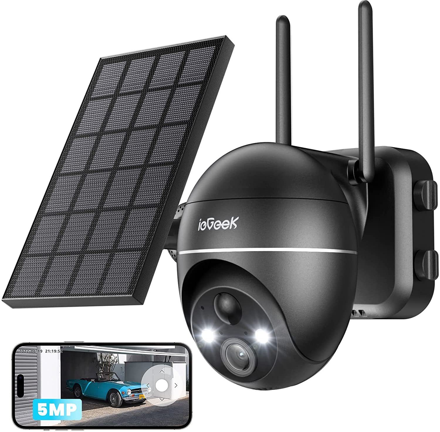 ieGeek 5MP 2K Überwachungskamera Aussen Akku Solar PTZ Überwachungskamera Überwachungskamera (Außenbereic, Aussen, Außen, Innenbereich, Aussen WLAN mit Solarpanel 2,4GHz WLAN IP Überwachungskamera, PIR-Bewegungsmelder, 30M Farbige Nachtsicht, 4DBi WL
