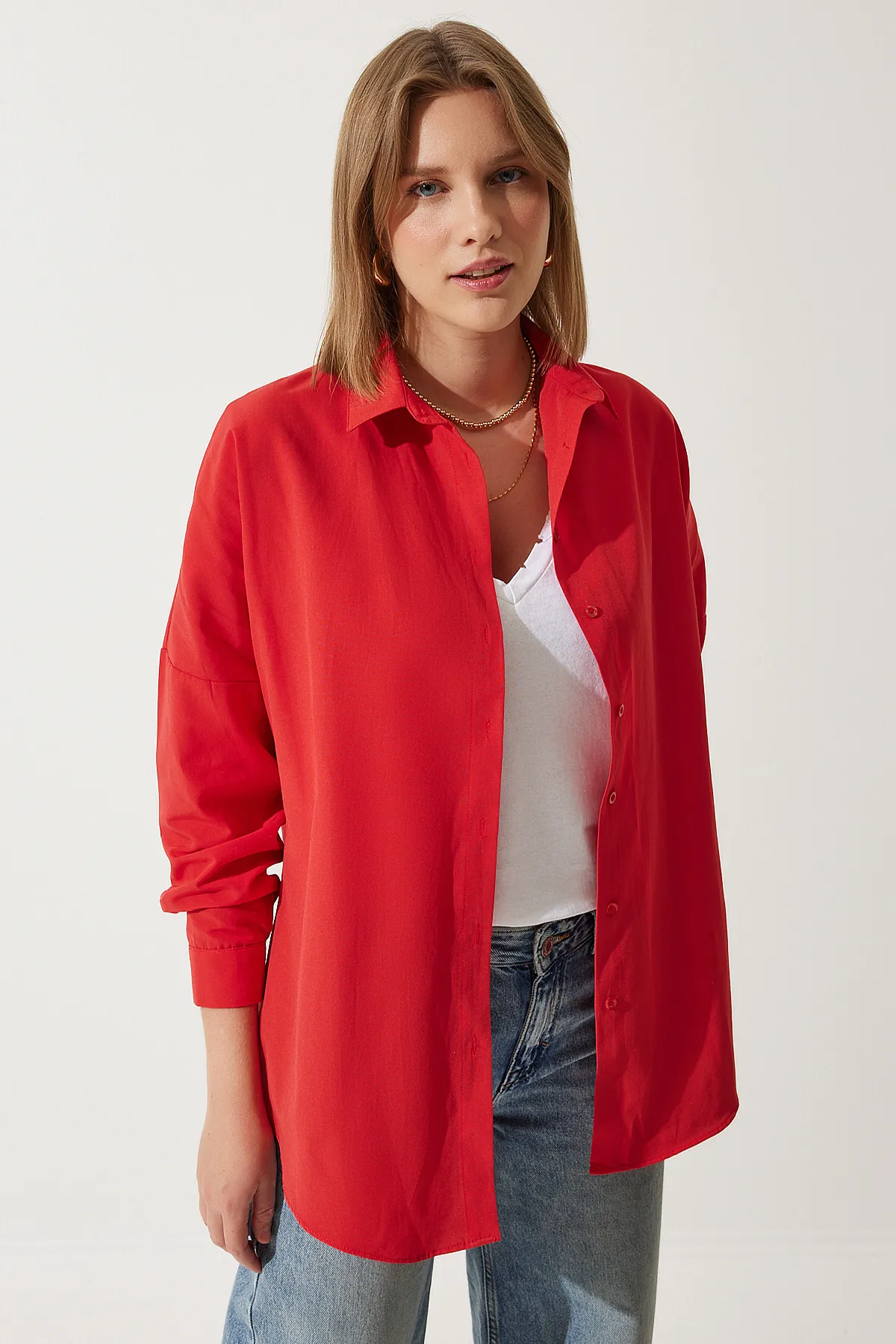 Happiness İstanbul  Damen Mittelrotes Oversize Langes Basic Shirt DD00842