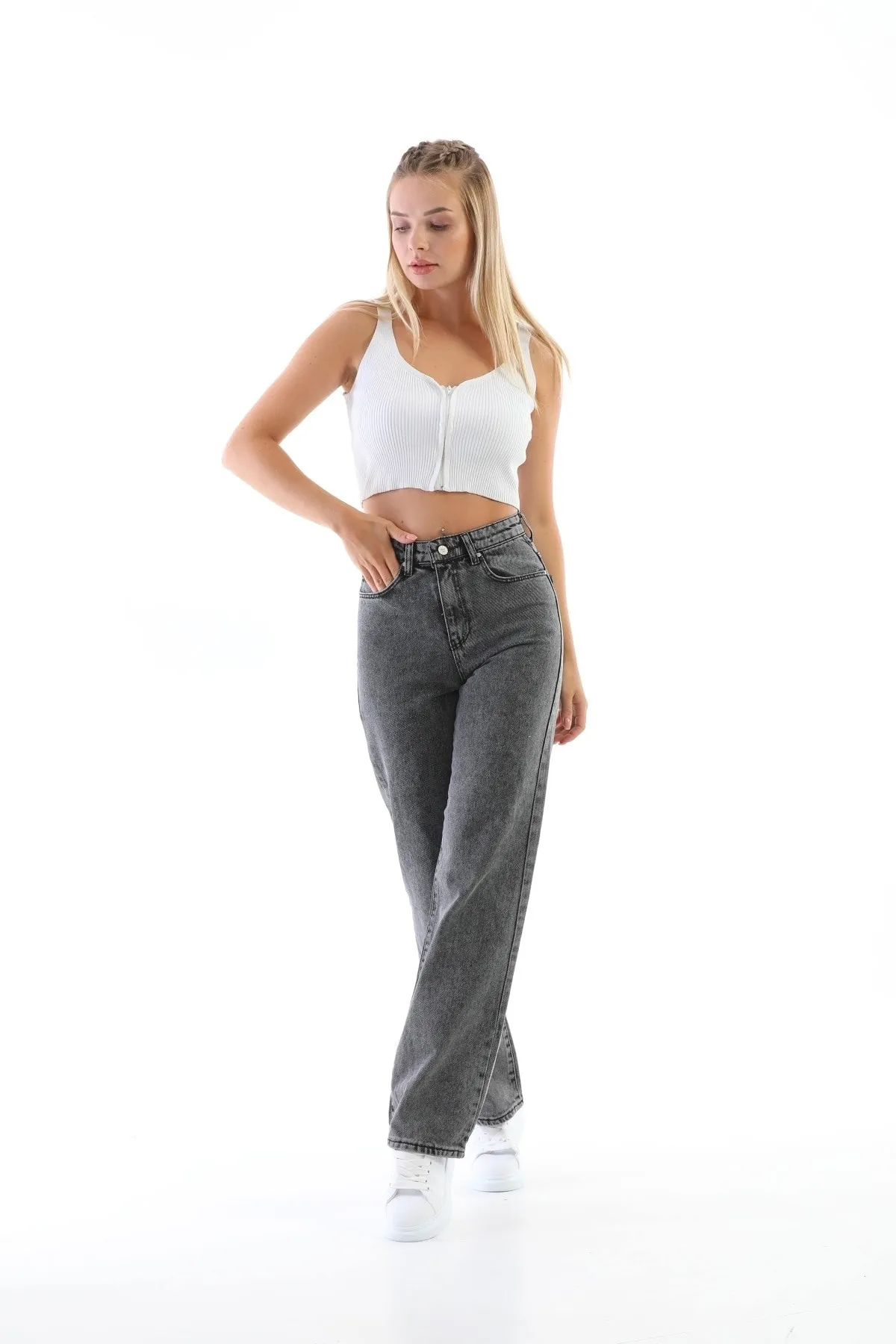 BİKELİFE  Geräucherte, schneegewaschene Palazzo-Jeans mit hoher Taille für Damen