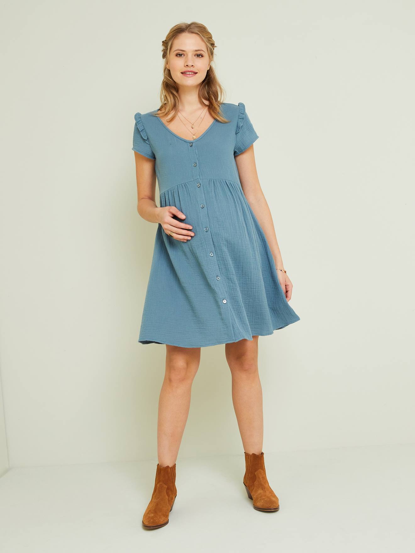 Robe de grossesse et d'allaitement gaze de coton bleu jean