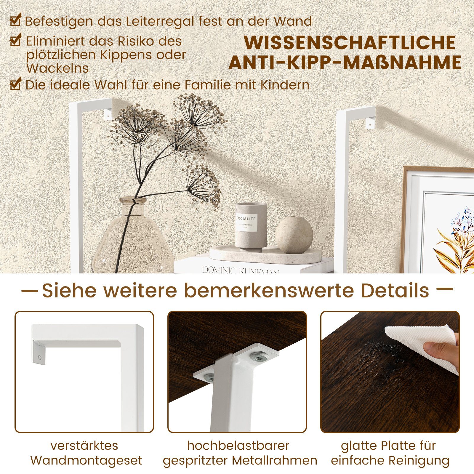 COSTWAY Leiterregal 5 Ebene Bücherregal, mit Metallrahmen, 180cm