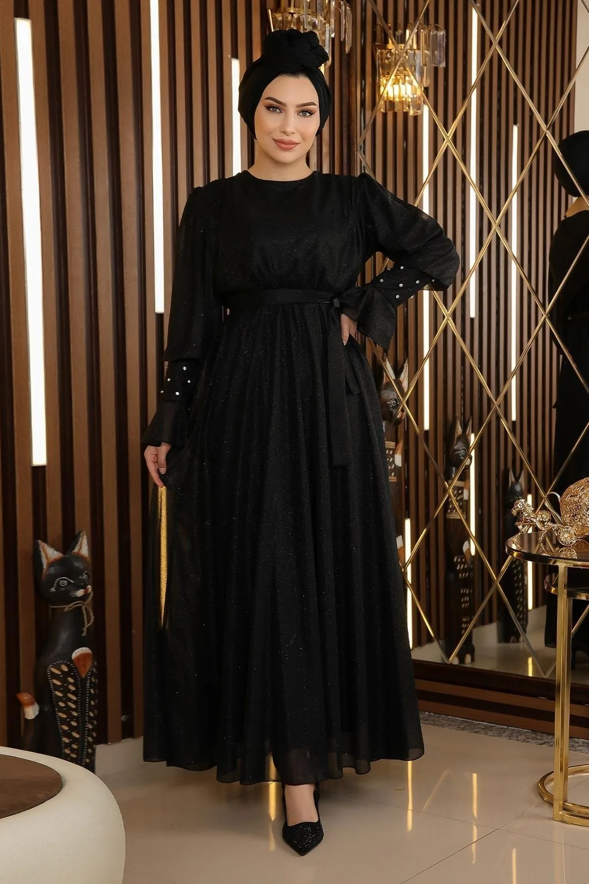 Modamihram  Abendkleid aus Chiffon mit Steindetail und Glitzer, Schwarz 19113