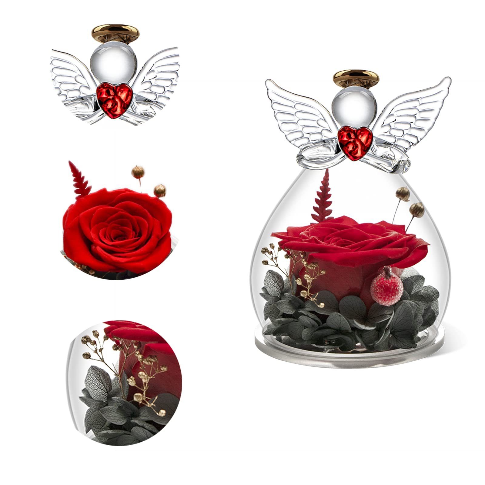 Kunstblume Ewige Rose Engel Geschenke, Forever Rose im Glas Engel Figur, AKKEE, Rosen Geschenke zum Muttertag, Valentinstag für Sie Mama Oma