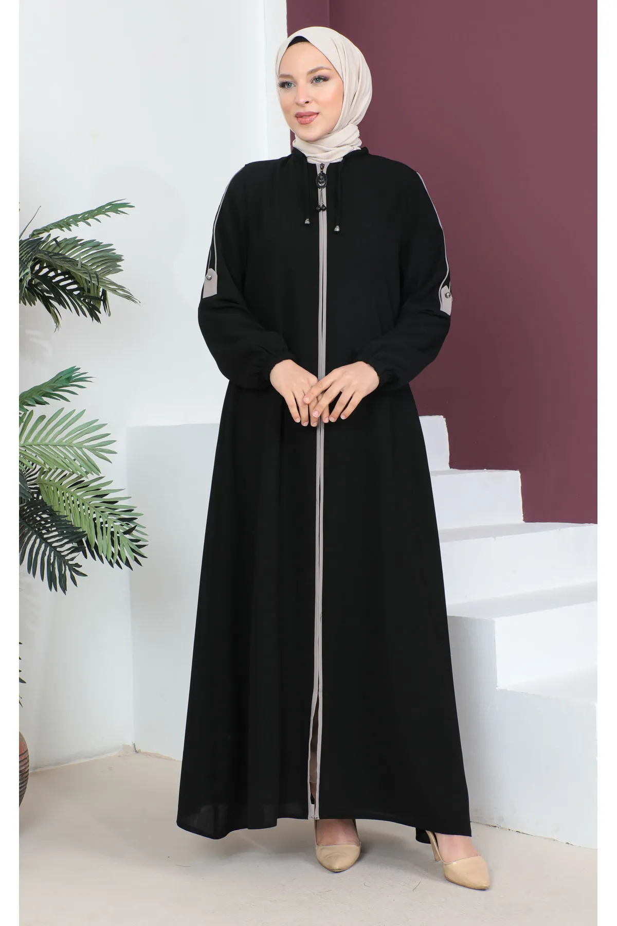 Tesettür Dünyası  Geknöpfte Ärmel Hijab Abaya Tsd230440 Schwarz