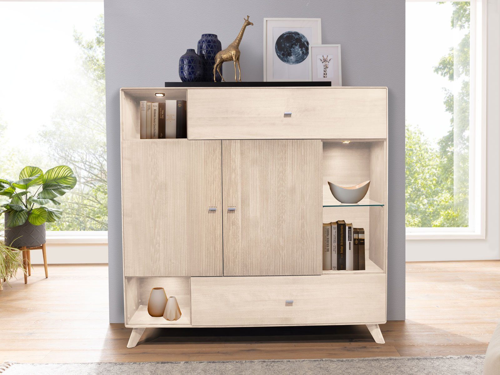 Casamia Highboard Highboard Hochanrichte Massivholz B 156 H 145cm Varese Kernbuche massi