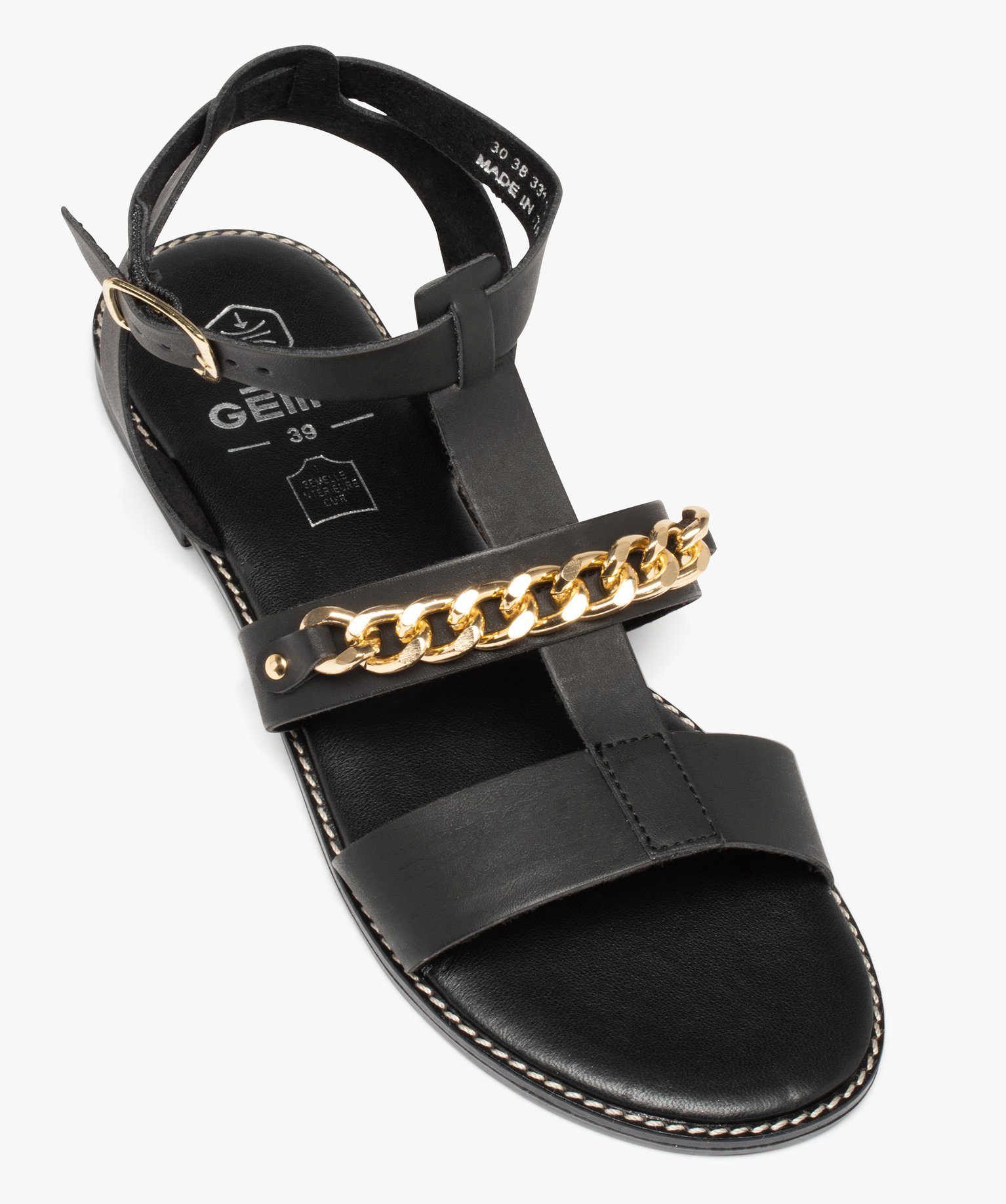 Sandales femme à talon plat et brides unies avec chane noir | GEMO