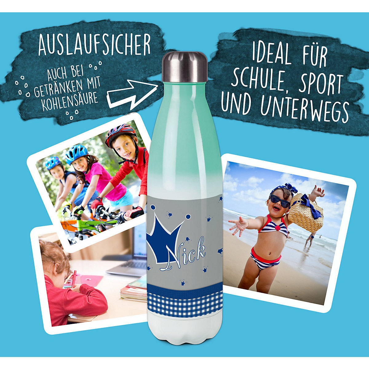 Edelstahl Kinder Thermoflasche / Trinkflasche bunt Krone Farbe blau grau Spülmaschinenfest, Auslaufsicher, Bruchfest, Doppelwandig, Für Heißgetränke geeignet, Mit Deckel, Isoliert