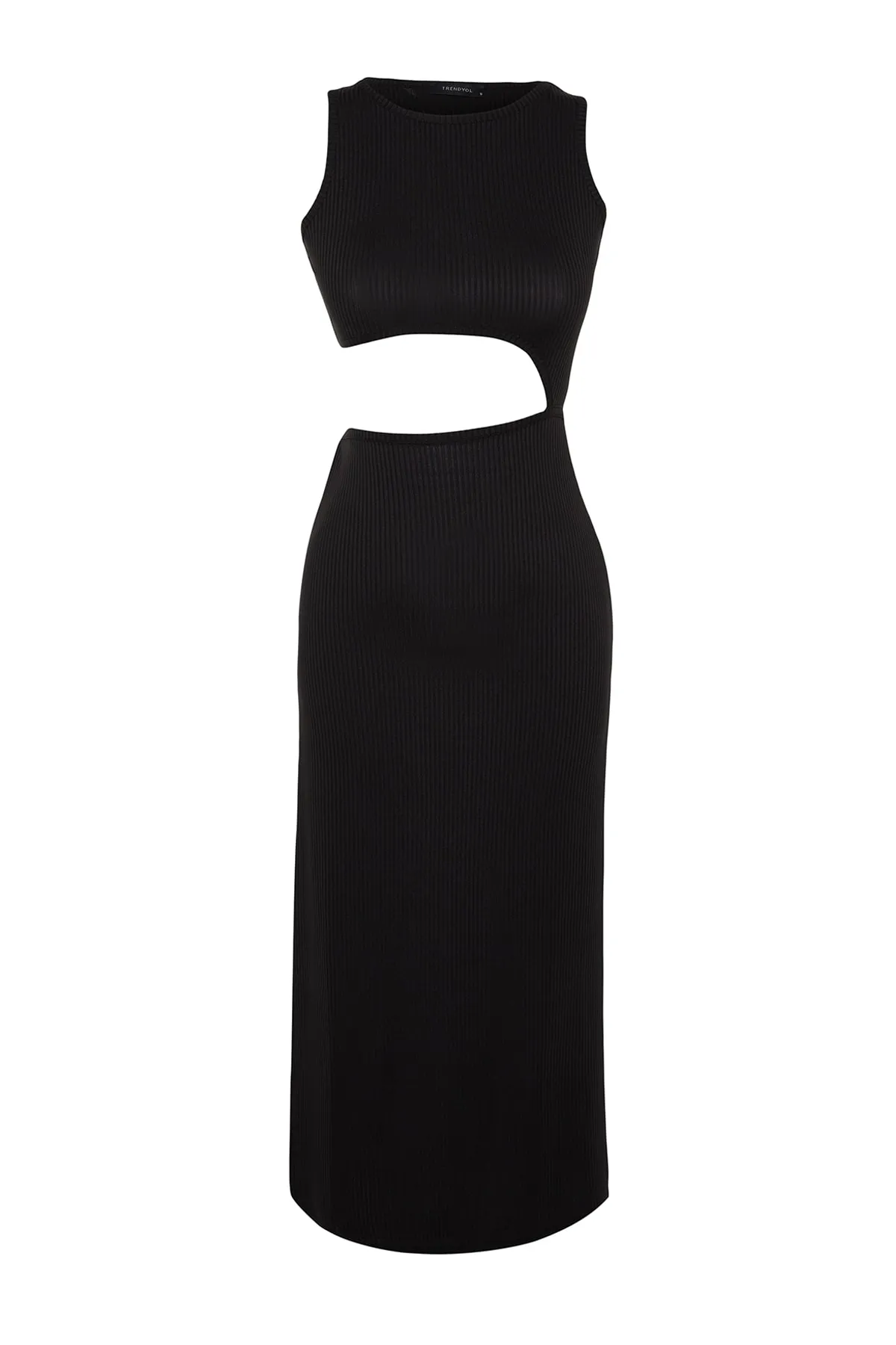 Trendyol Collection  Schwarzes, detailliertes Maxi-Bleistiftkleid aus Strick mit Rundhalsausschnitt und Cut-Outs TWOSS23EL02327