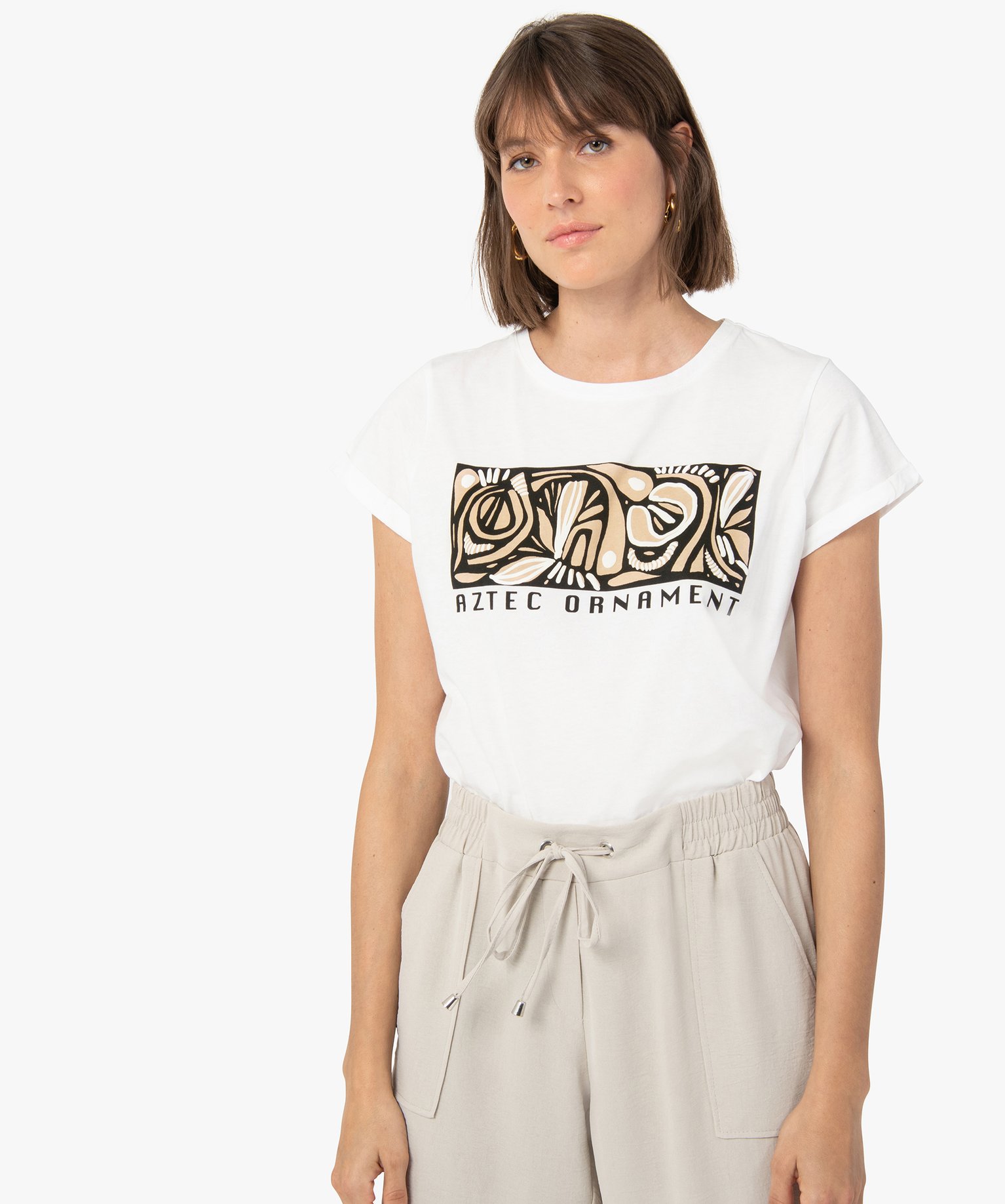 Tee-shirt femme ample et court avec motif sur le buste blanc | GEMO