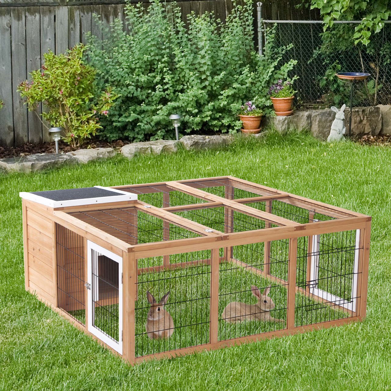 PawHut Kaninchenstall Hasenstall mit Freilaufgehege Kleintierstall Dach zum Öffnen wasserdicht multifunktional Tannenholz Natur 123x120x52 cm