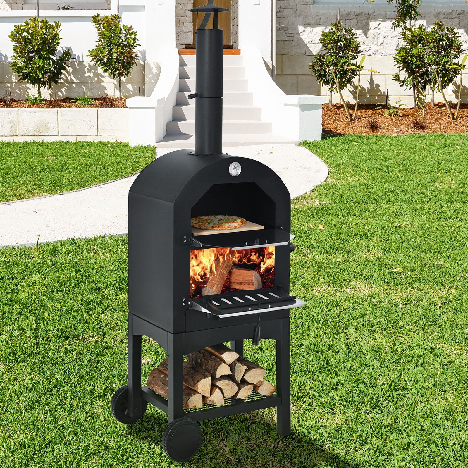COSTWAY Pizzaofen, Grillwagen, mit Schornstein, für BBQ draußen