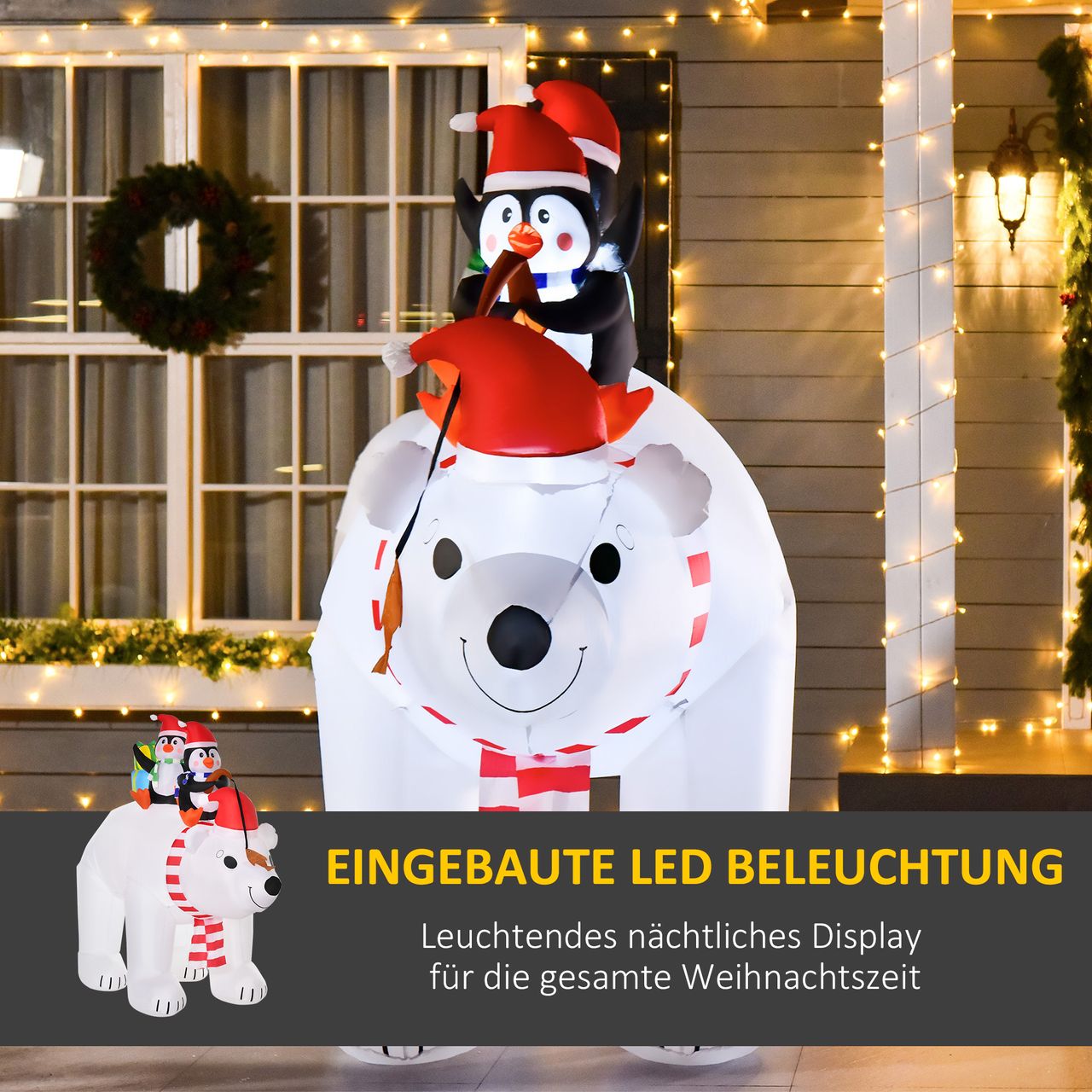 HOMCOM Aufblasbare Pinguine auf Eisbär 2,1 m Weihnachtsdekoration mit Lichtern Aufblasbares Modell Weihnachten Gärten Dekoration automatisches Aufblasen wetterfest Polyester 227 x 113 x 206 cm