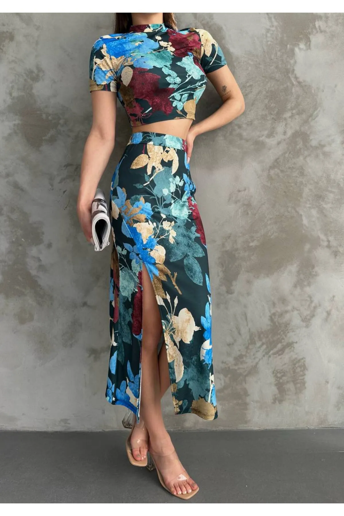 BİKELİFE  Damen-Doppelset mit Bustierrock und Schlitz und Blumenmuster