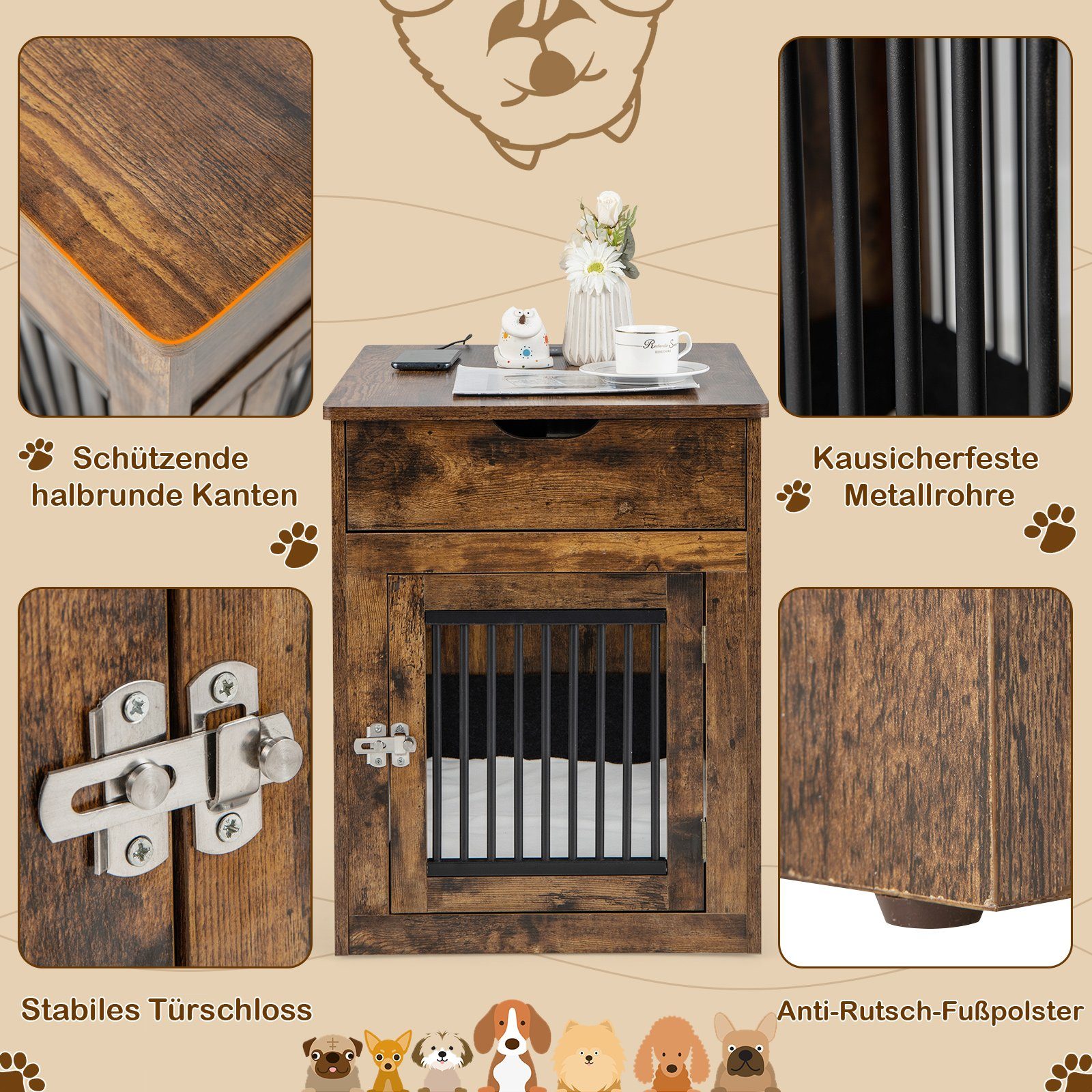COSTWAY Hundehütte Hundekäfig, mit Ladestation, für S Hunde