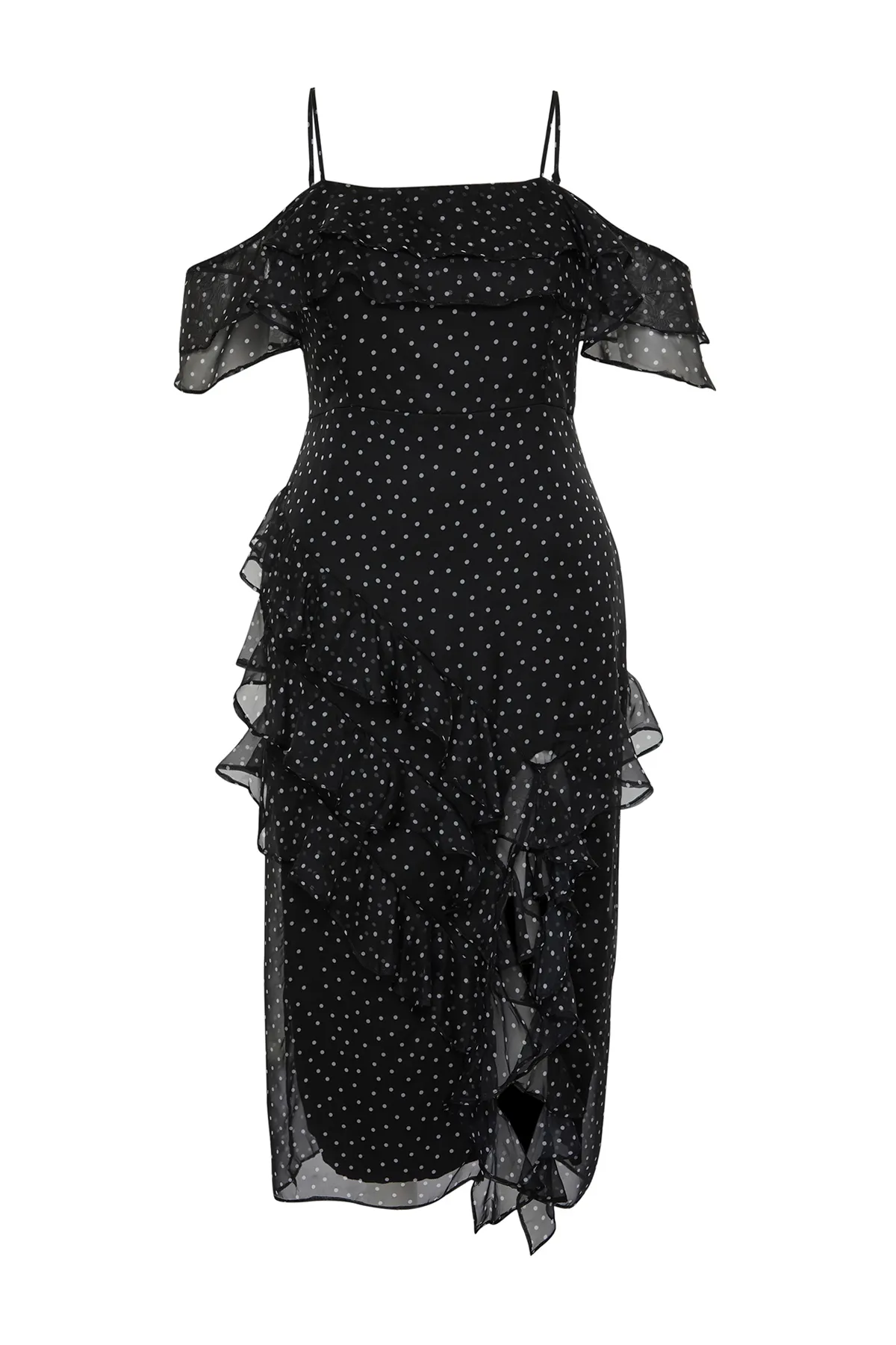 Trendyol Curve  Schwarzes gepunktetes Maxi-Gewebekleid TBBSS24AH00018