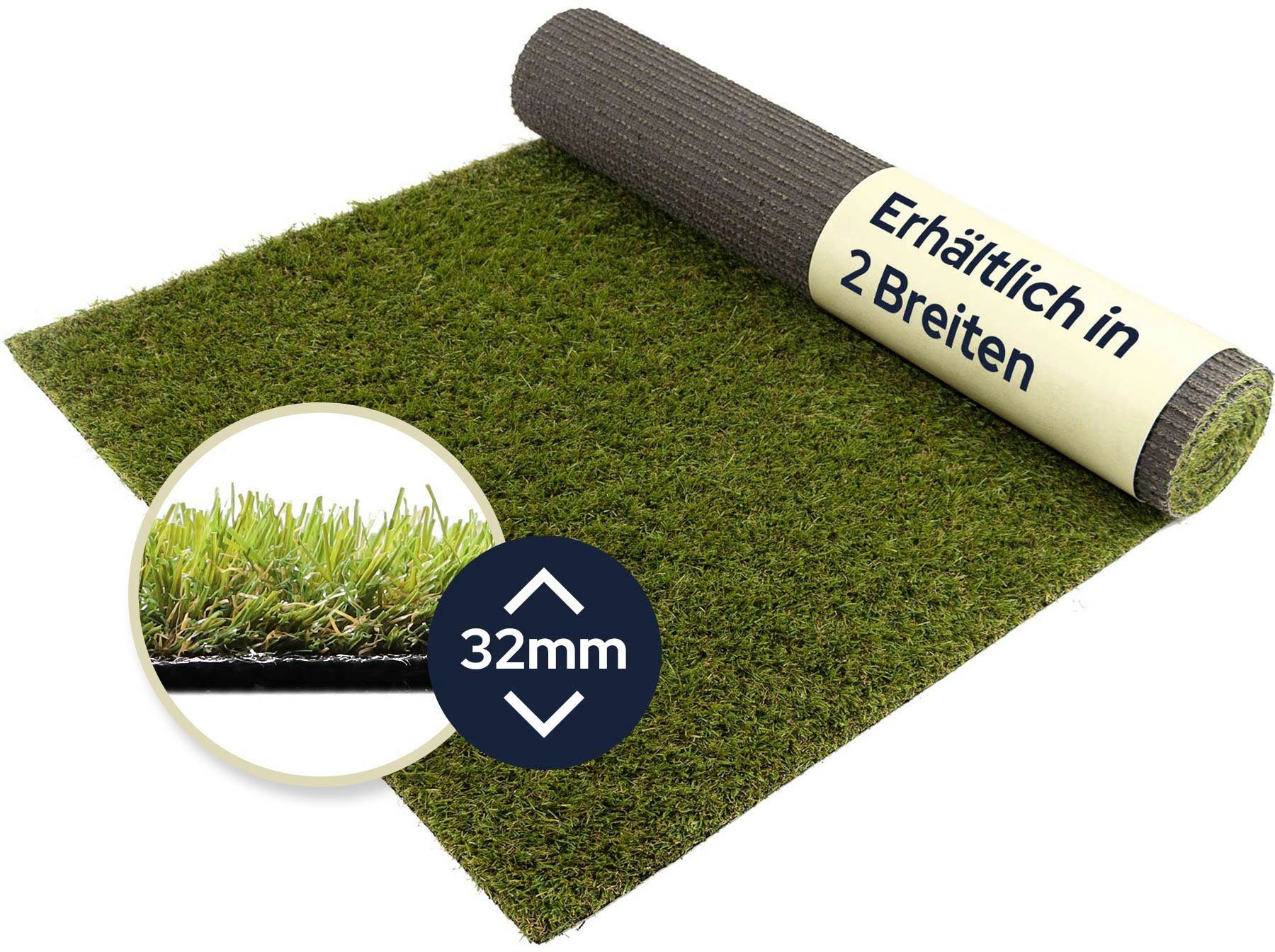 Kunstrasen Kunstrasen KORSIKA, Primaflor-Ideen in Textil, rechteckig, Höhe: 32 mm, realistische Optik, wasserdurchlässig, ideal für Balkon & Terrasse