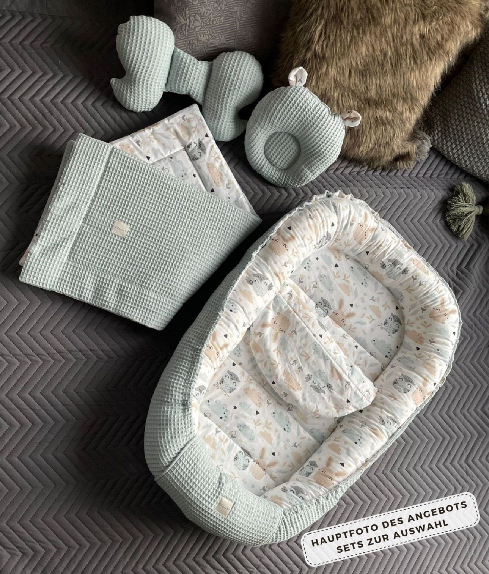 Loolay Bettnestchen Minze WAFFELPIQUE/ HASE Beige Weiß Babynest Babyausstattung, (Reisebett Nestchen SOLO/ o. in PREMIUM Geschenk SETS für Neugeborene, 1-tlg., 4 Jahreszeiten ATMUNGSAKTIVER WAFFELSTOFF Bestseller GESCHENK), LOOLAY® - 100% Europäische
