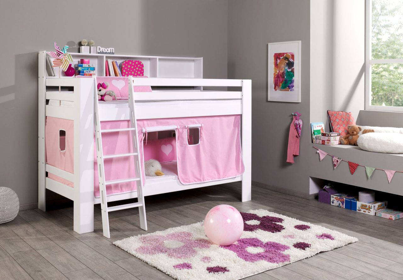 Relita Etagenbett Jan mit Bücherregal und Vorhang rosa/weiß