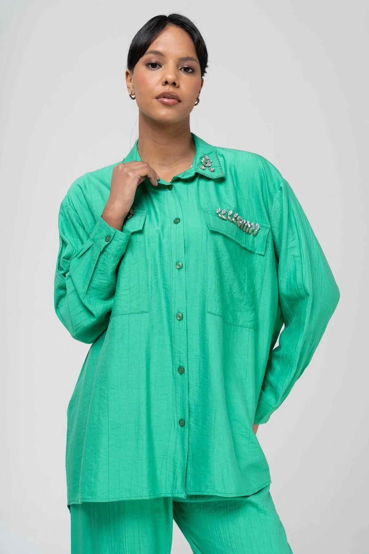 Olcay  Tuniği Hosenset mit elastischer Taille und Steindetail GRÜN 9222-TK