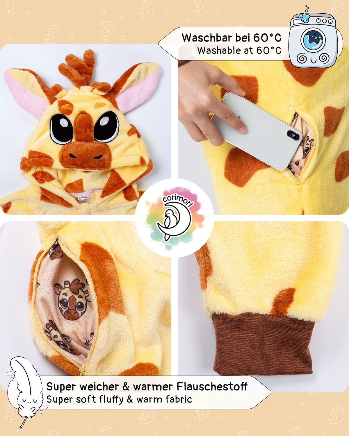 Corimori Jumpsuit Onesie Giraffe, kuscheliges Kostüm für Kinder (2-tlg) Karneval, Fasching, Jugendliche, Mädchen, Jungen, Tierkostüme