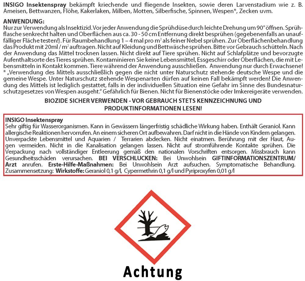 INSIGO Insektenspray Anti Milben-Spray Milben-Mittel Ungezieferspray, 1.5 l, auf Wasserbasis, geruchsarm, brennt / ätzt nicht, mit Langzeitwirkung