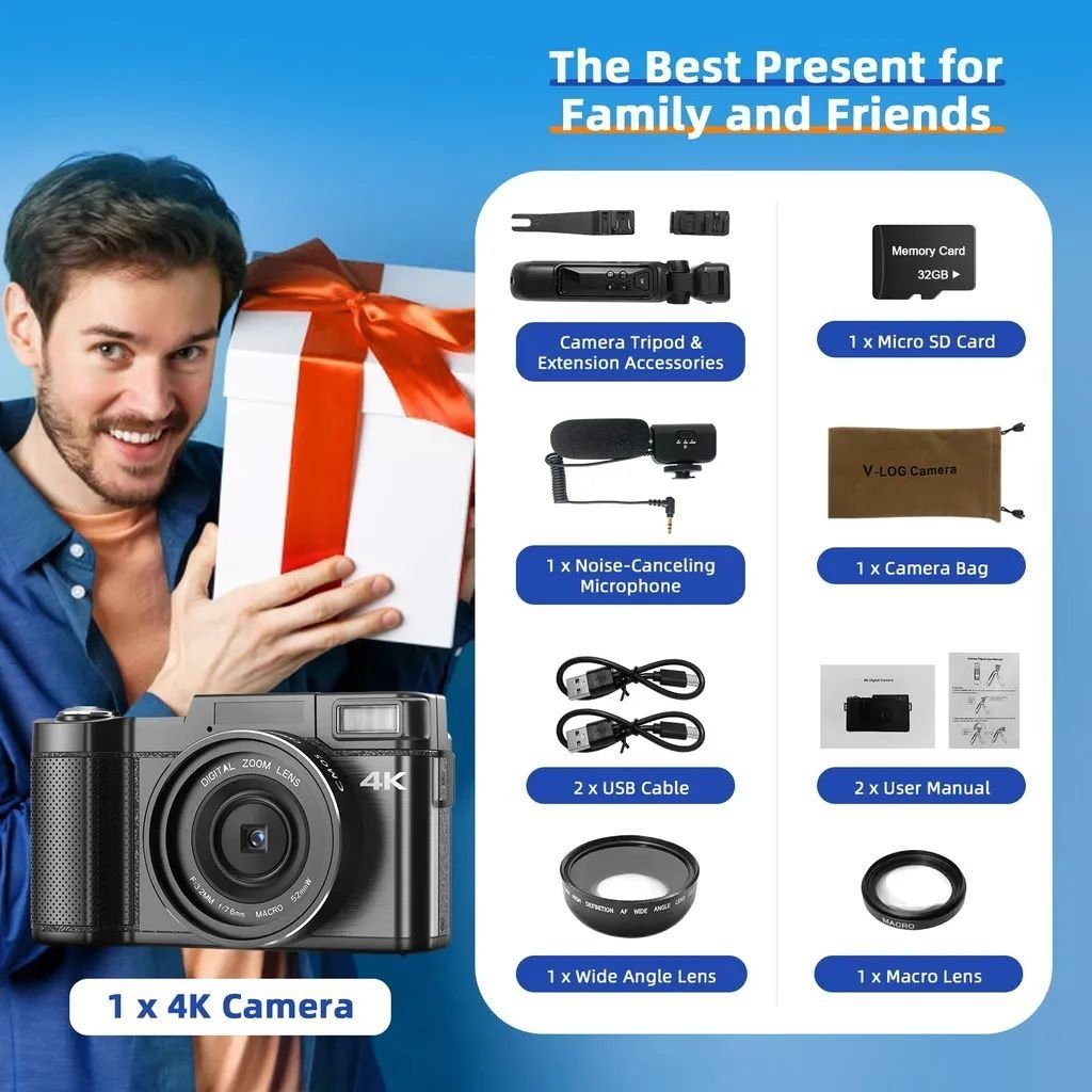 Fine Life Pro V10 Vlog Kamera Systemkamera (16 MP, 16x opt. Zoom, WLAN (Wi-Fi), inkl. V10 Vlog Kamera, Sony-Sensoren, Inklusive Tragetasche, Erkennung von Gesichtern)