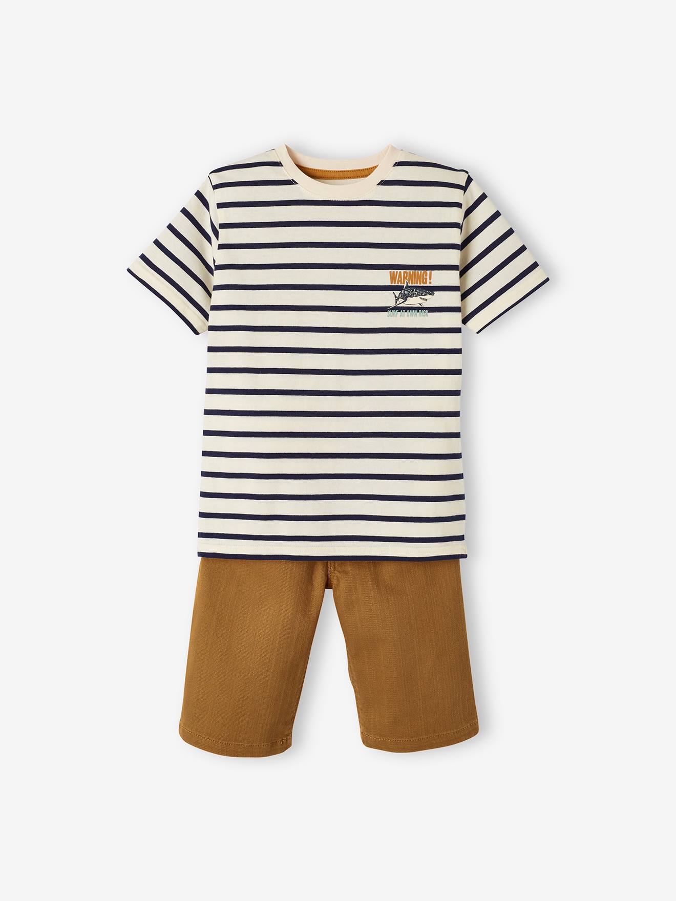 Ensemble tee-shirt rayé et bermuda en toile garçon marron