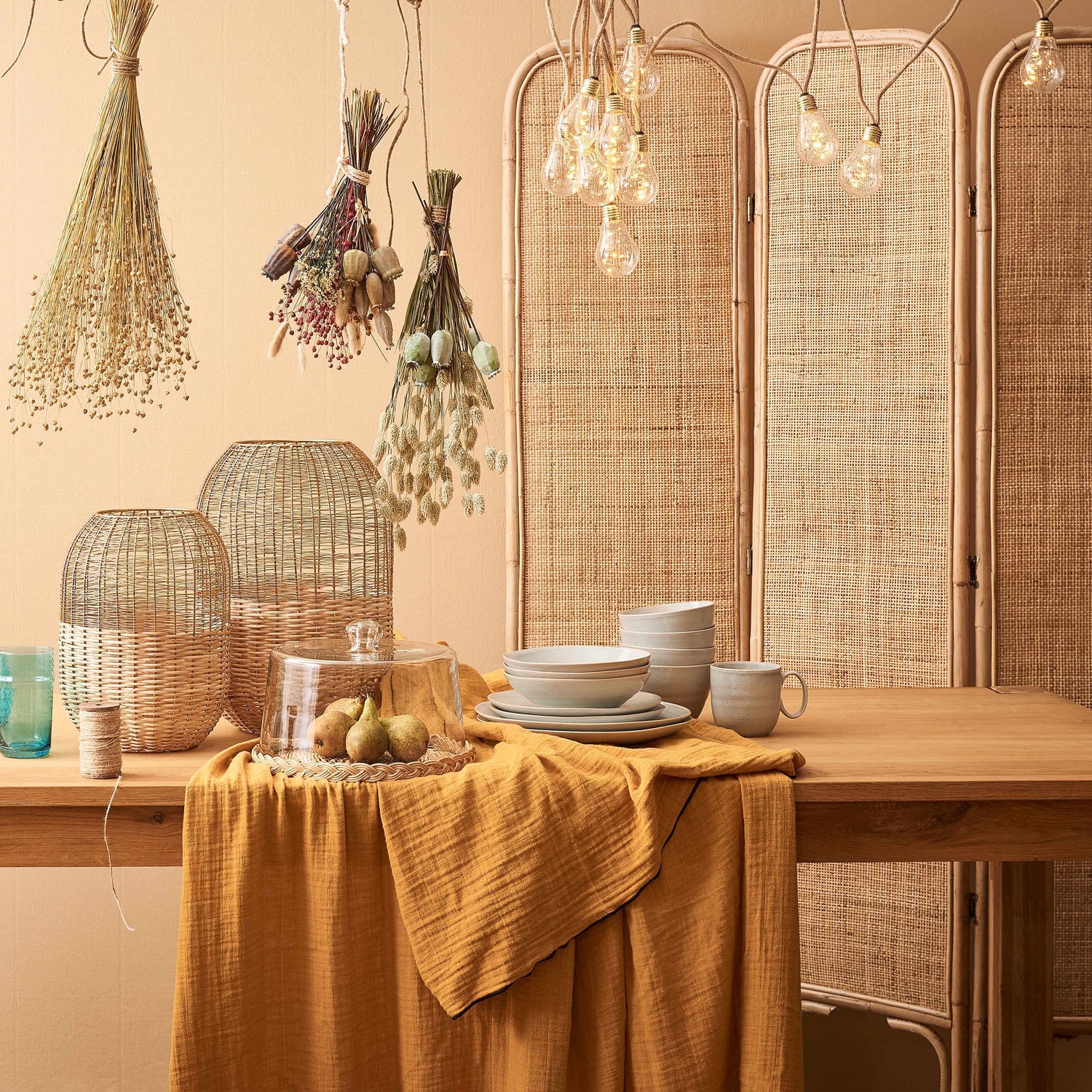 BOHO LOUNGE Paravent aus Rattan L 120 x H 180cm