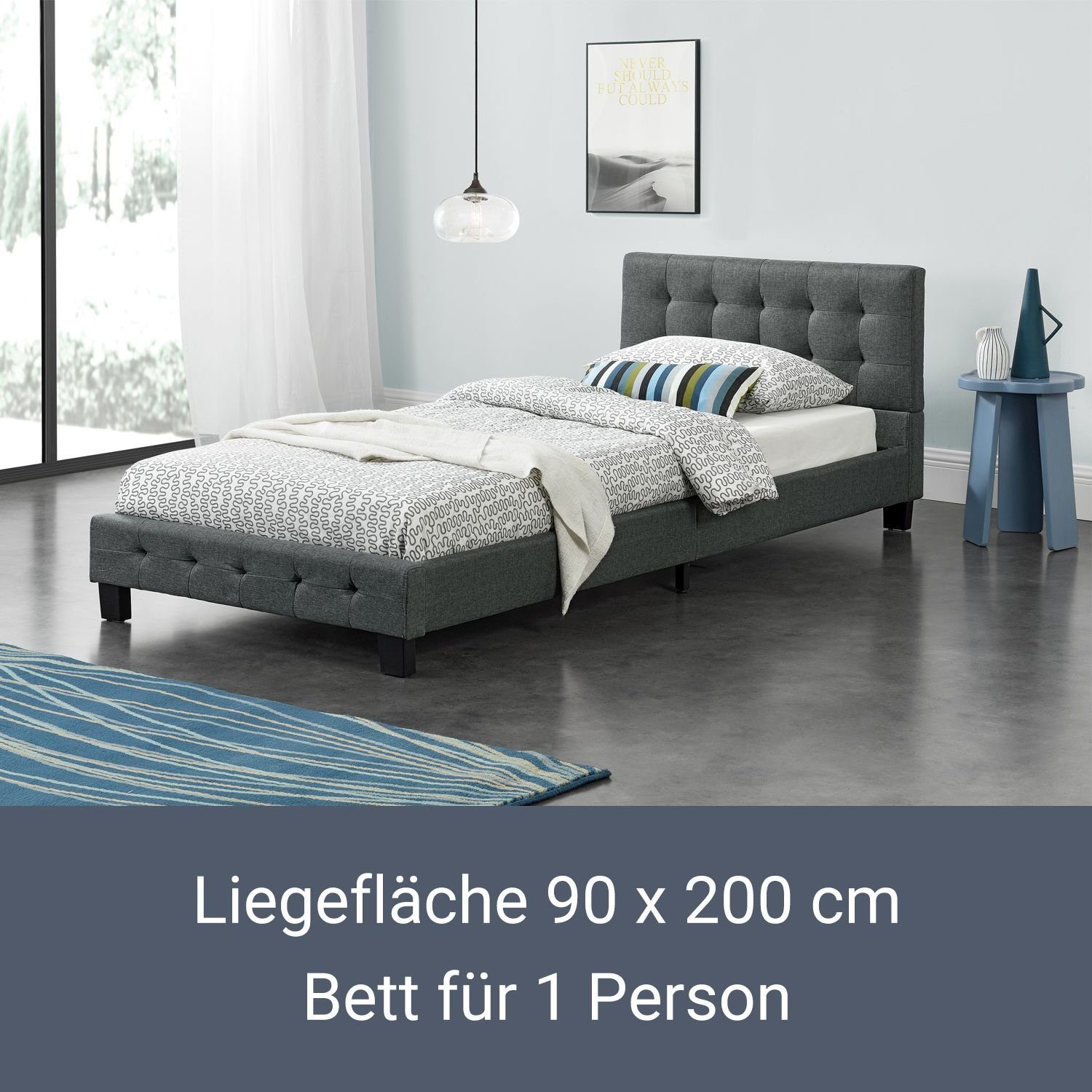 Juskys Polsterbett Manresa, 90x200 cm, weiche Rückenlehne, inkl. Lattenrost und Matratze
