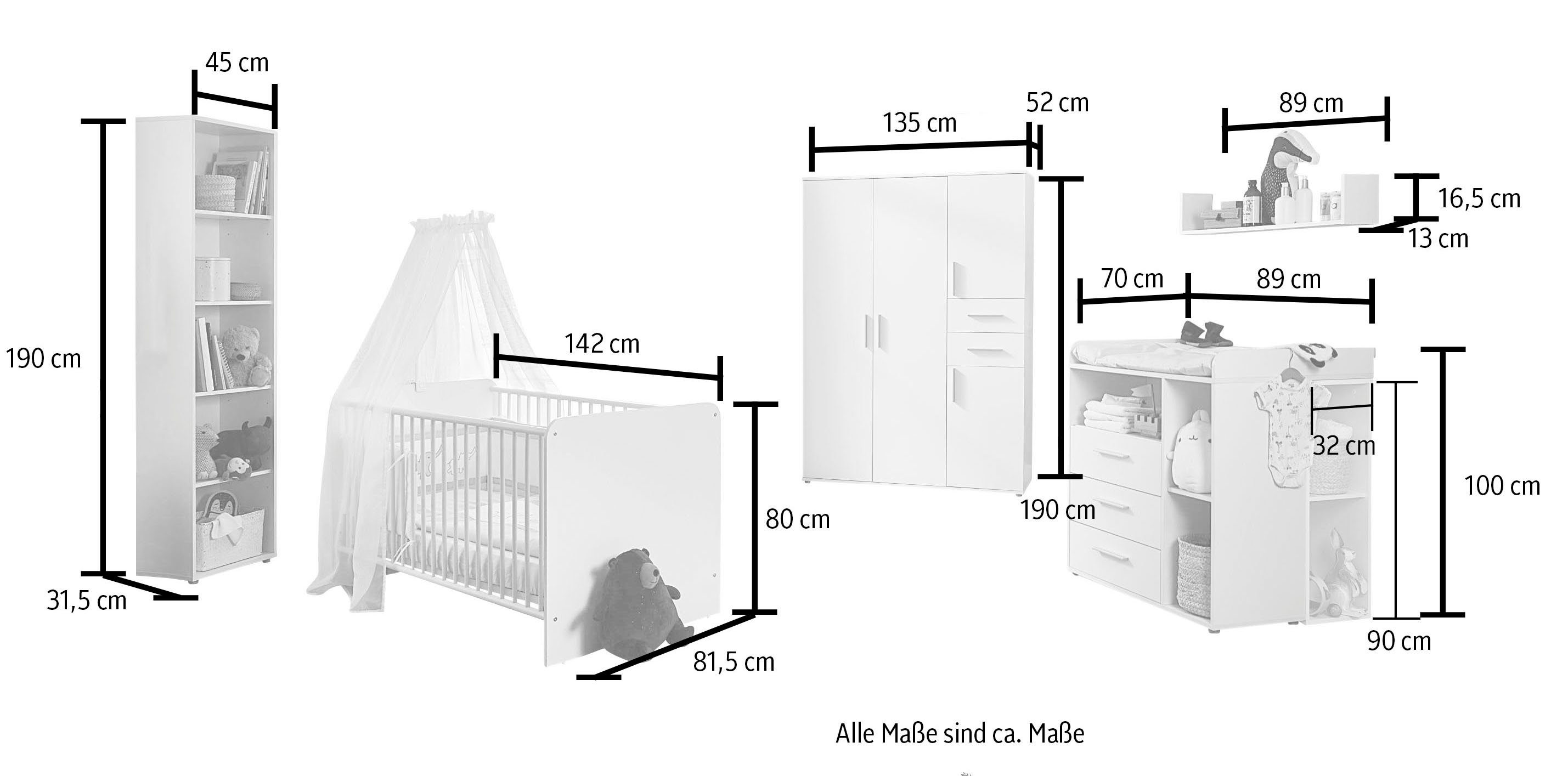 BMG Möbel Babyzimmer-Komplettset Lea, (Set, 7-St., Bett, Wickelkommode, Schrank, Standregal, Unterstellregal, Wandboard), Bett + Wickelkommode + 4-trg. Schrank + Standregal + Unterstellregal