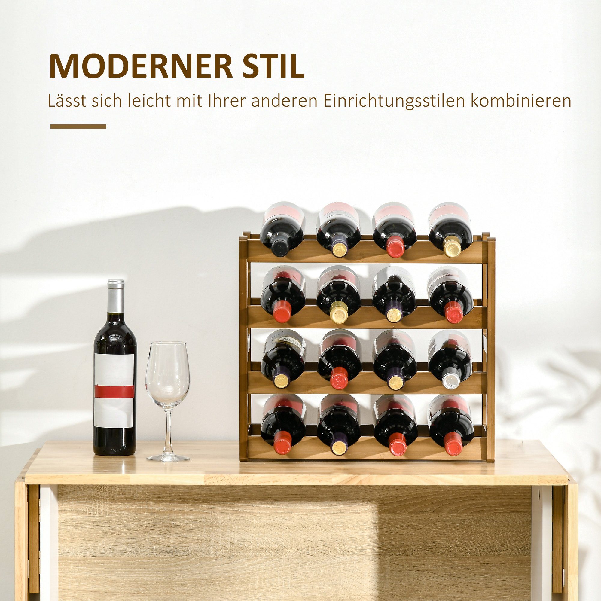 HOMCOM Weinregal Flaschenregal mit natürlichen Stil, Standregal,aus Bambus, Wasserfest, Weinhalter 1-tlg., mit 4 Regalen