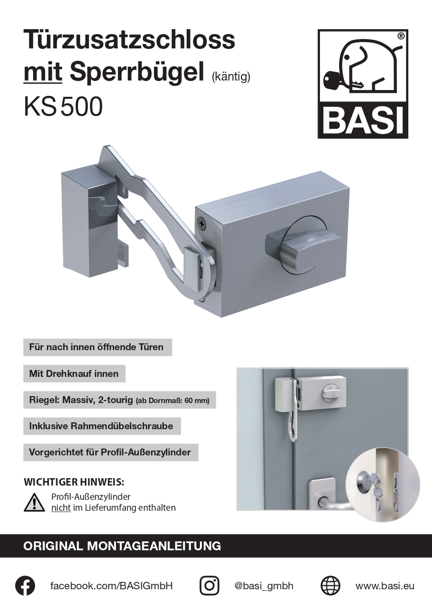 Basi KS500-45 Kastenschloss Sperrbügel (käntig) Silber - SS