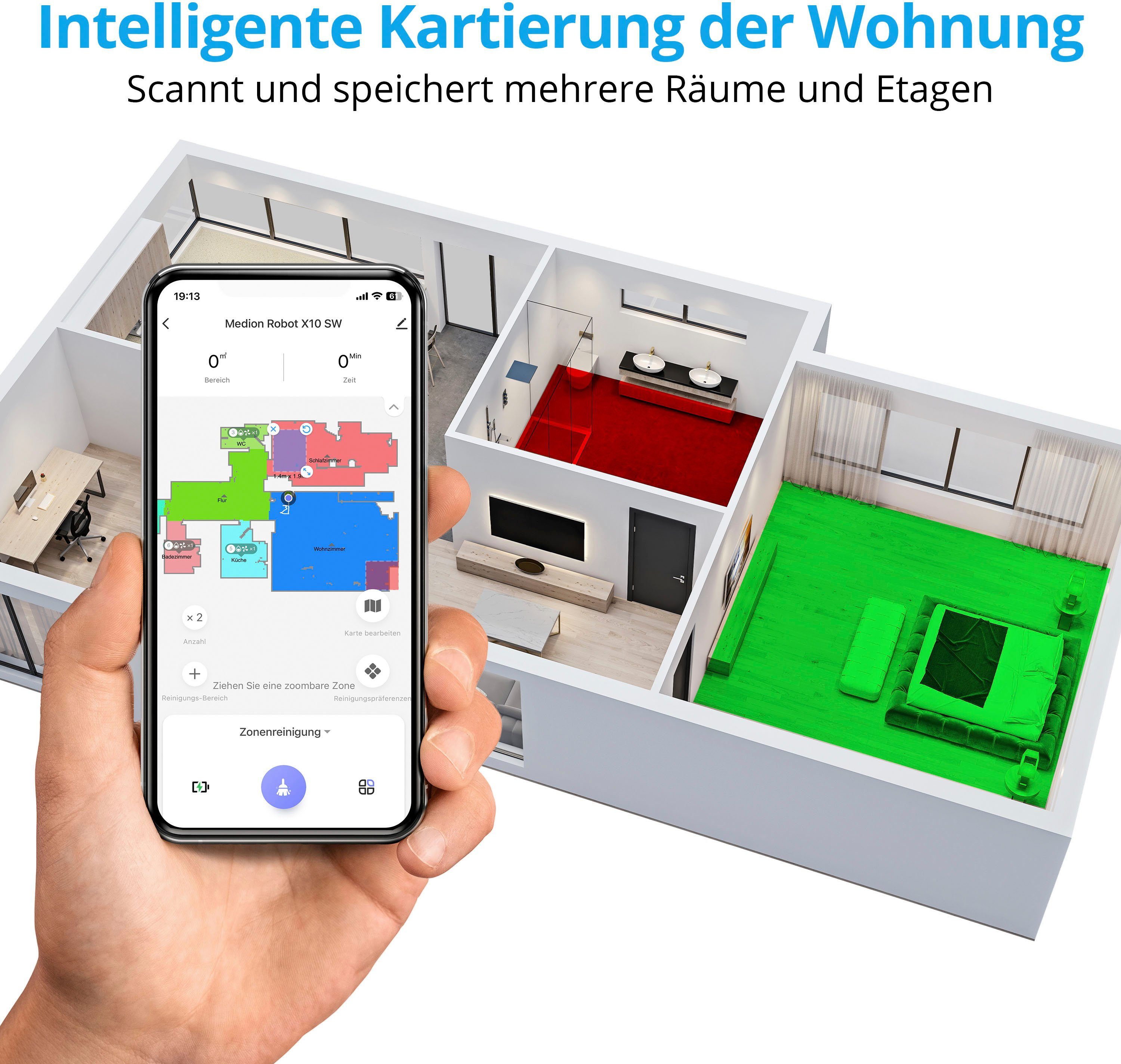 Medion® Saugroboter X10 SW, mit Lasernavigation und Wischfunktion, 20 W, 2.700Pa Saugkraft, 2in1 Roboterstaubsauger, präzise Kartenerstellung