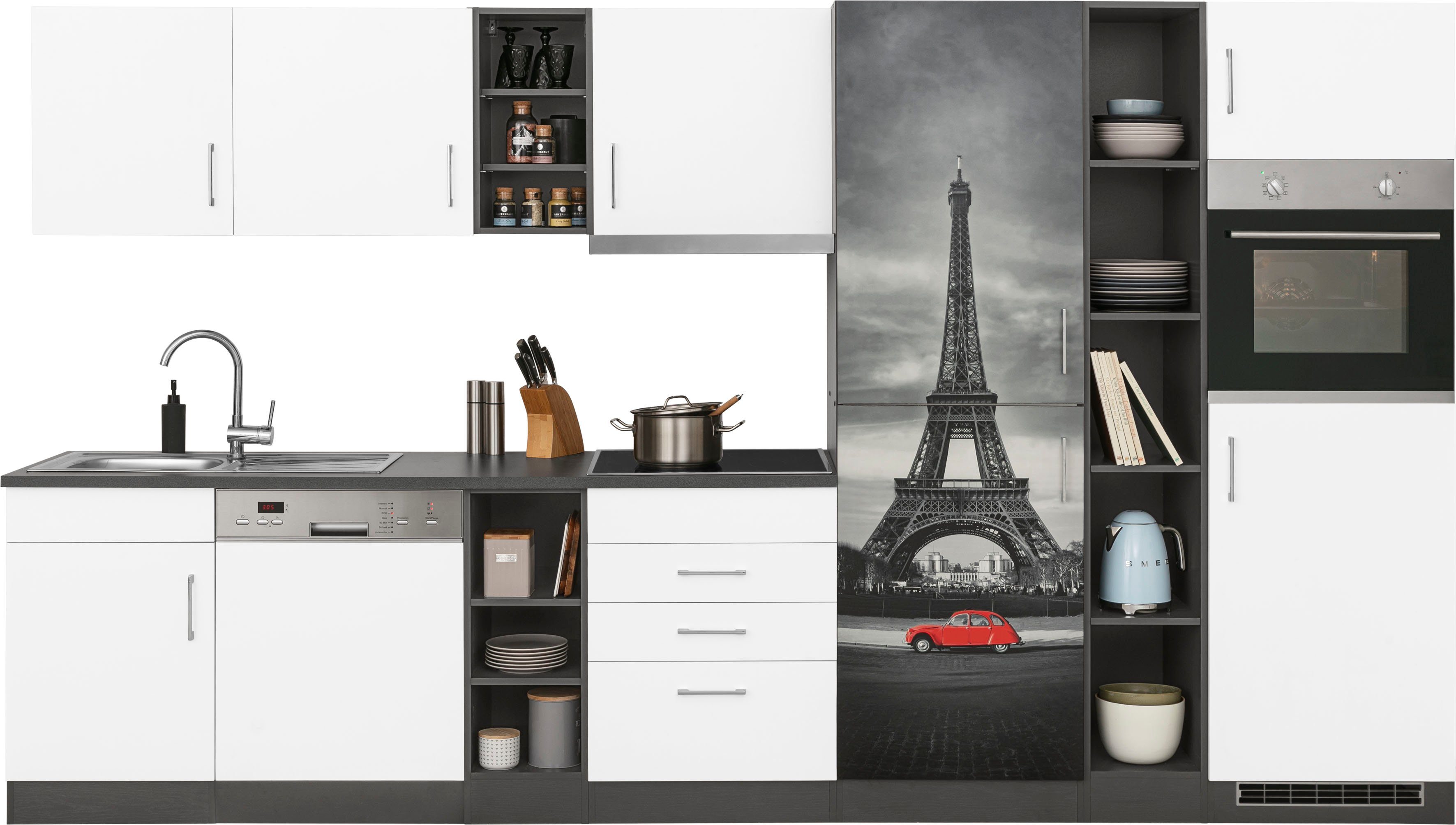 HELD MÖBEL Küchenzeile Paris, mit E-Geräten, Breite 350 cm, wahlweise mit Induktionskochfeld